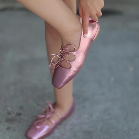NWOT | Elegant Square Toe Pink Metallic Ballet Flats | Ribbon Laces | Size 45 EU
