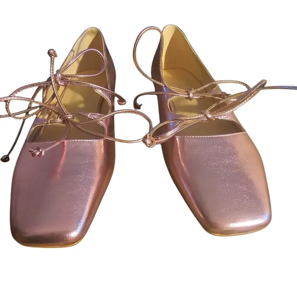 NWOT | Elegant Square Toe Pink Metallic Ballet Flats | Ribbon Laces | Size 45 EU