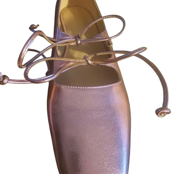 NWOT | Elegant Square Toe Pink Metallic Ballet Flats | Ribbon Laces | Size 45 EU
