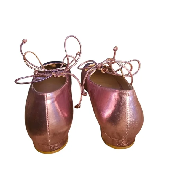 NWOT | Elegant Square Toe Pink Metallic Ballet Flats | Ribbon Laces | Size 45 EU