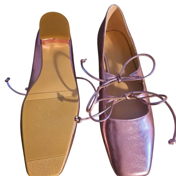 NWOT | Elegant Square Toe Pink Metallic Ballet Flats | Ribbon Laces | Size 45 EU