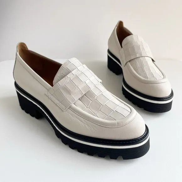 NWOT M. Gemi Croc Embossed Leather Elsa Platform Lug Loafers Oyster Size 38/7.5