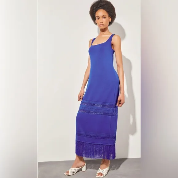 NWT $195 MING WANG Modern Fit‎ Maxi Sheath Dress Fringe Hem, Sapphire Blue