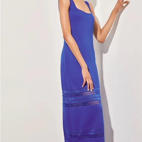 NWT $195 MING WANG Modern Fit‎ Maxi Sheath Dress Fringe Hem, Sapphire Blue