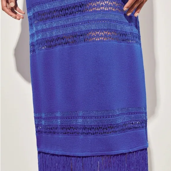NWT $195 MING WANG Modern Fit‎ Maxi Sheath Dress Fringe Hem, Sapphire Blue
