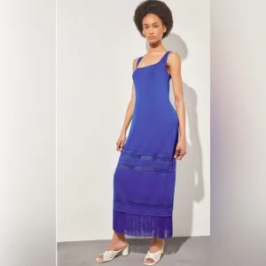 NWT $195 MING WANG Modern Fit‎ Maxi Sheath Dress Fringe Hem, Sapphire Blue