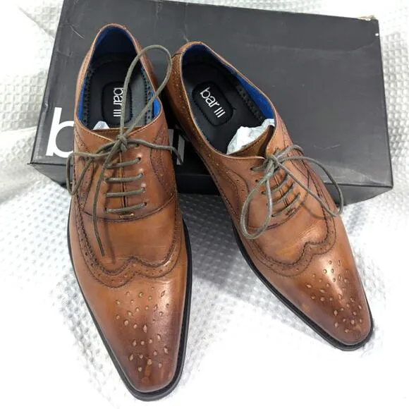 NWT! BAR III! GENUINE LEATHER ROYALE DARK TAN OXFORD LACE-UP MENS SHOES! SZ 8.5M