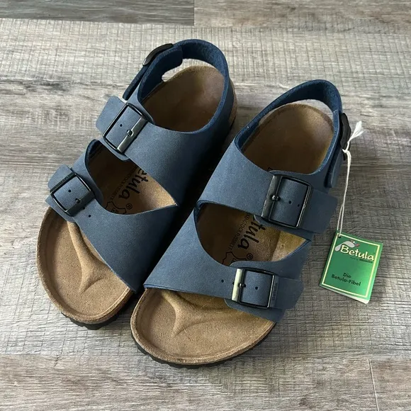 NWT! Betula BIRKENSTOCK Milano Sandals Leather Navy Blue 7 7.5 36 Arch Buckle