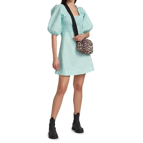NWT GANNI Smocked Top Regal Puff Sleeve Floral Cotton Mini Dress size 36 / US 4