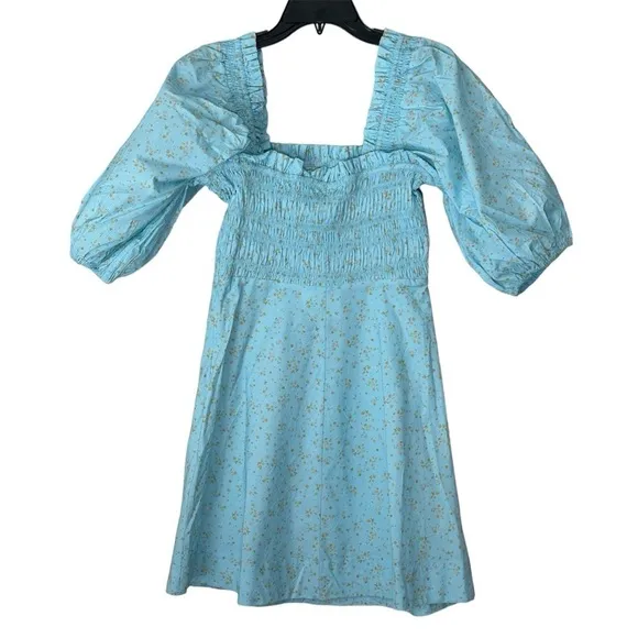 NWT GANNI Smocked Top Regal Puff Sleeve Floral Cotton Mini Dress size 36 | US 4