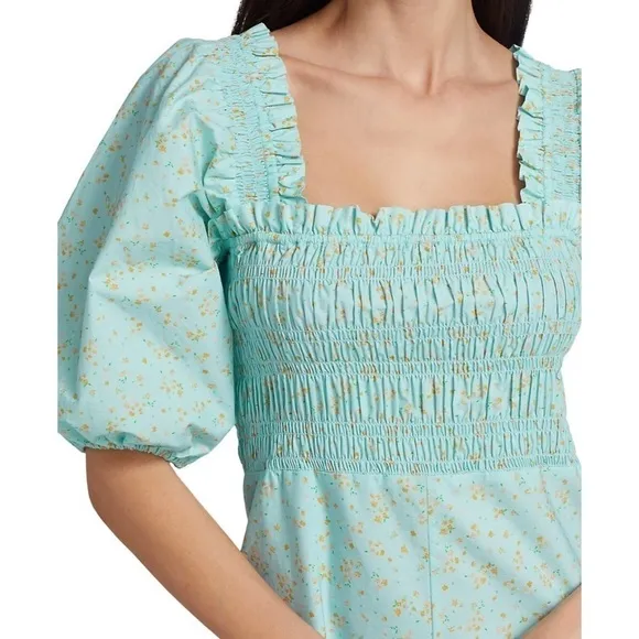NWT GANNI Smocked Top Regal Puff Sleeve Floral Cotton Mini Dress size 36 / US 4