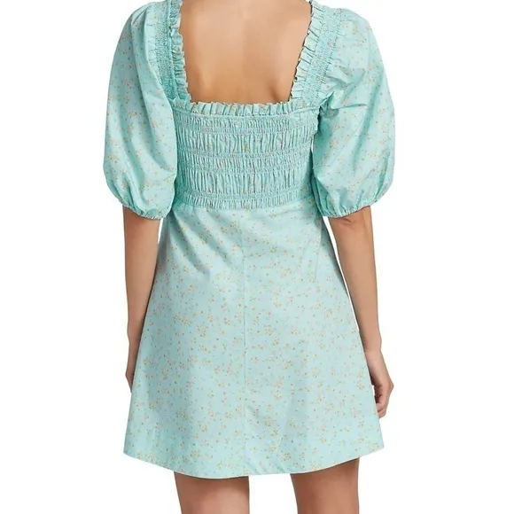 NWT GANNI Smocked Top Regal Puff Sleeve Floral Cotton Mini Dress size 36 / US 4