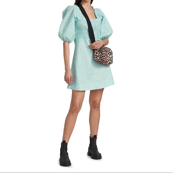 NWT GANNI Smocked Top Regal Puff Sleeve Floral Cotton Mini Dress size 36 | US 4