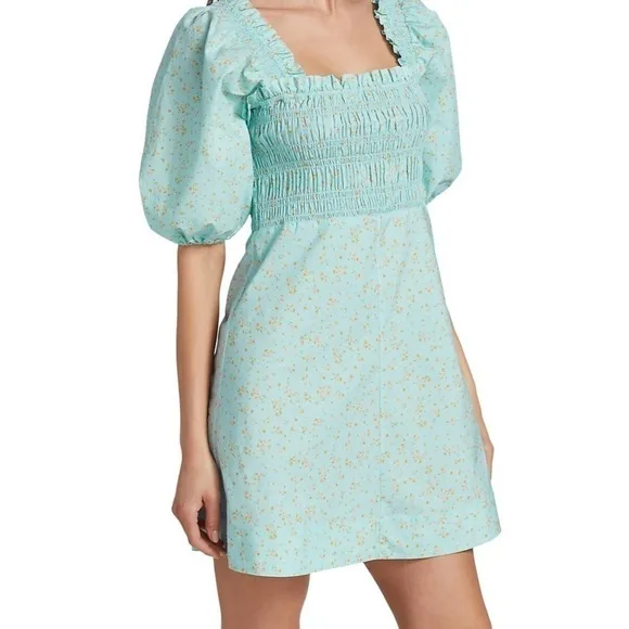 NWT GANNI Smocked Top Regal Puff Sleeve Floral Cotton Mini Dress size 36 / US 4