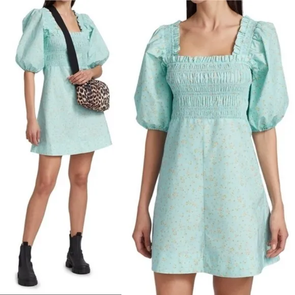 NWT GANNI Smocked Top Regal Puff Sleeve Floral Cotton Mini Dress size 36 | US 4