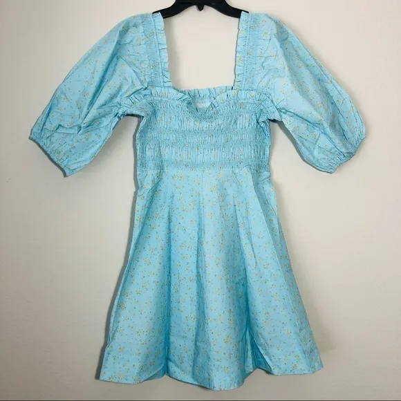NWT GANNI Smocked Top Regal Puff Sleeve Floral Cotton Mini Dress size 36 / US 4
