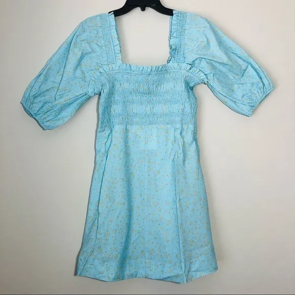 NWT GANNI Smocked Top Regal Puff Sleeve Floral Cotton Mini Dress size 36 / US 4