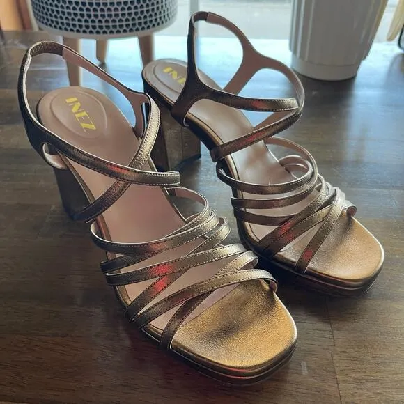 NWT INEZ Naomi in Soft Bronze Sz 9 Copper Metallic Strappy Sandal Heel Chic Sexy
