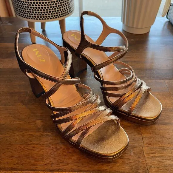 NWT INEZ Naomi in Soft Bronze Sz 9 Copper Metallic Strappy Sandal Heel Chic Sexy