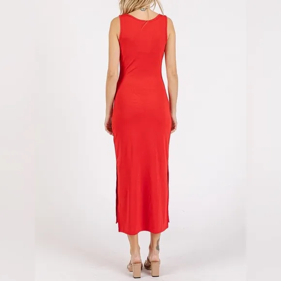 NWT Mittoshop Red Stretchy Side Slit Wide Strap Sporty Midi Length Tank Dress