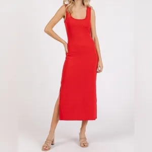 NWT Mittoshop Red Stretchy Side Slit Wide Strap Sporty Midi Length Tank Dress