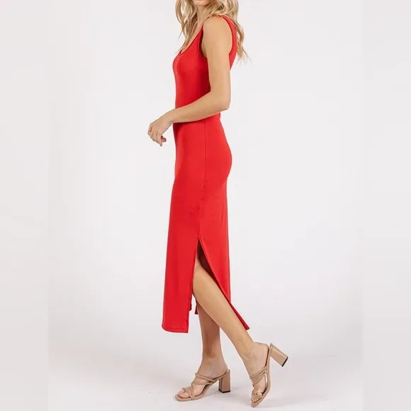 NWT Mittoshop Red Stretchy Side Slit Wide Strap Sporty Midi Length Tank Dress