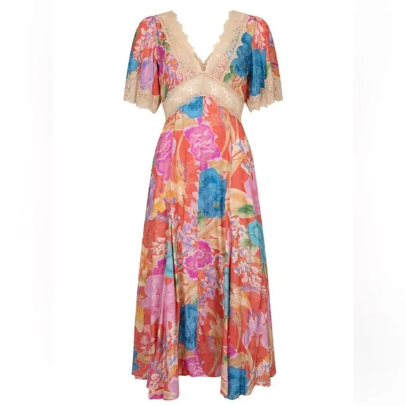 NWT SPELL PAINTER'S GARDEN LACE MAXI DRESS in Crimson size medium