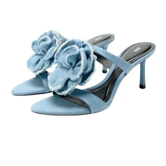 NWT Zara Floral Denim Heels Sandals