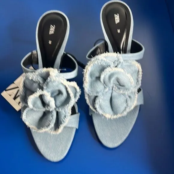 NWT Zara Floral Denim Heels Sandals