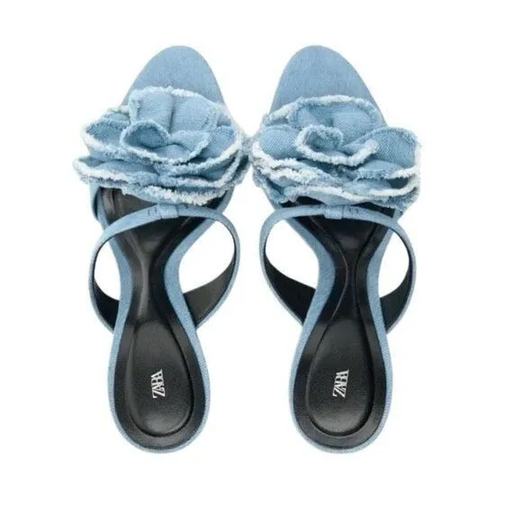 NWT Zara Floral Denim Heels Sandals