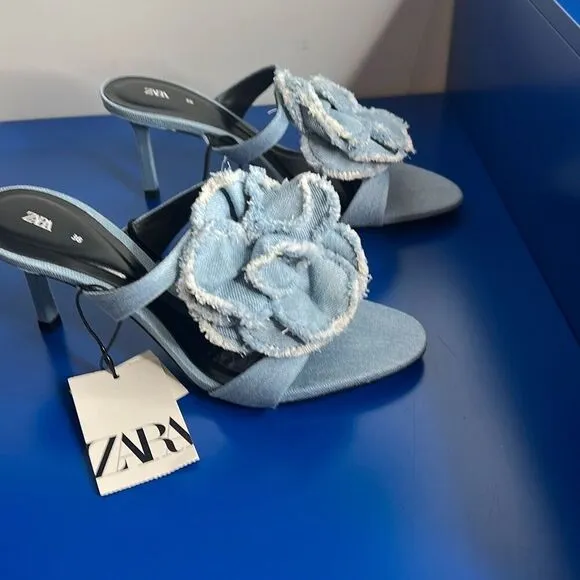 NWT Zara Floral Denim Heels Sandals