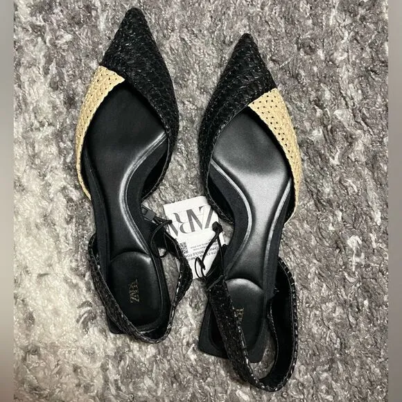 NWT Zara Woven Raffia Slingback Flats