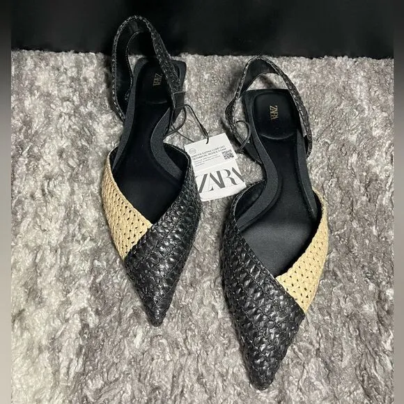 NWT Zara Woven Raffia Slingback Flats