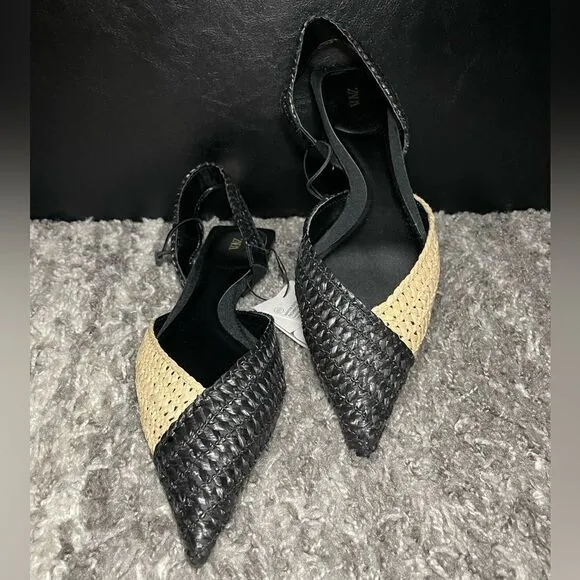 NWT Zara Woven Raffia Slingback Flats
