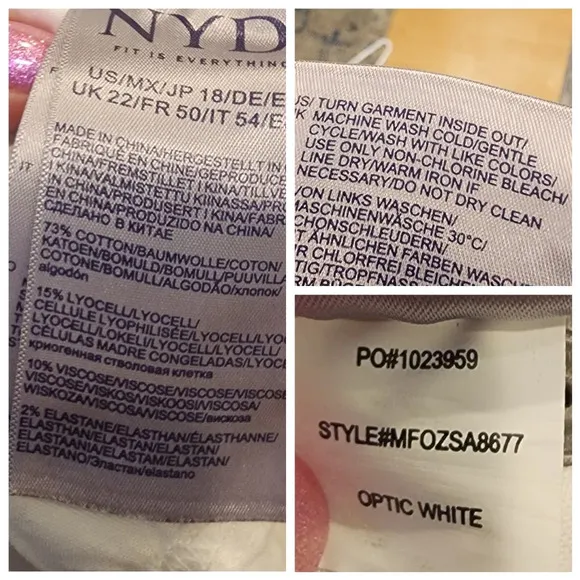 NYDJ White Sheri Slim Ankle Jeans W/Riveted Side Slits. Plus Size 18. Stretch