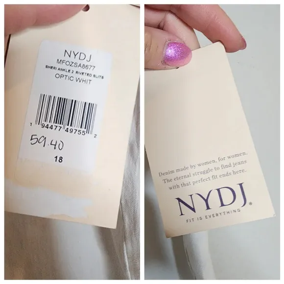NYDJ White Sheri Slim Ankle Jeans W/Riveted Side Slits. Plus Size 18. Stretch
