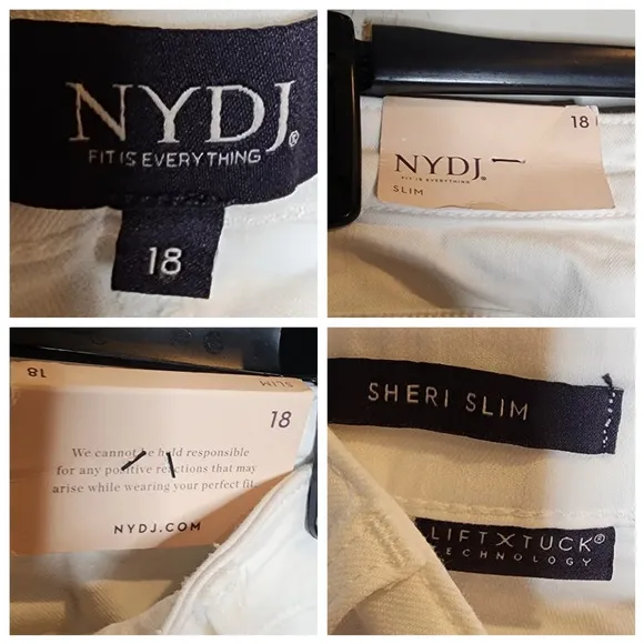 NYDJ White Sheri Slim Ankle Jeans W/Riveted Side Slits. Plus Size 18. Stretch
