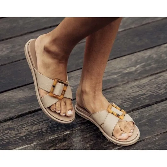 Olukai La’i Taupe Criss Cross Tortiose Shell Buckle Comfort Slide Sandals Size 6