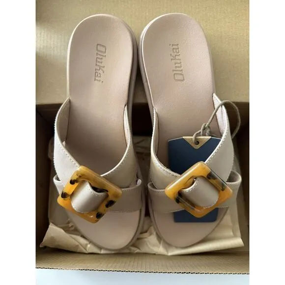 Olukai La’i Taupe Criss Cross Tortiose Shell Buckle Comfort Slide Sandals Size 6
