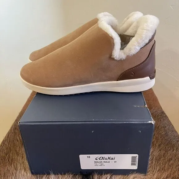 Olukai Malua Hulu Boots Sz 10 Shearling Lined Nubuck Leather Tan Tapa Waterproof