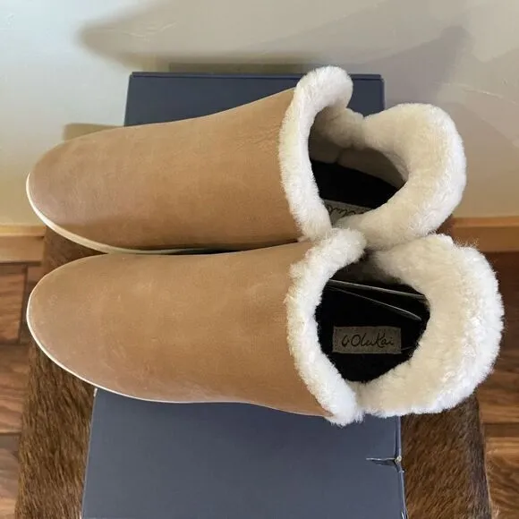 Olukai Malua Hulu Boots Sz 10 Shearling Lined Nubuck Leather Tan Tapa Waterproof