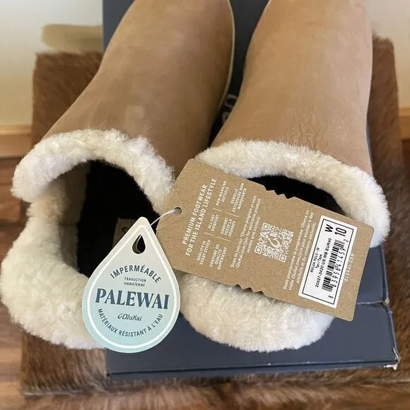 Olukai Malua Hulu Boots Sz 10 Shearling Lined Nubuck Leather Tan Tapa Waterproof
