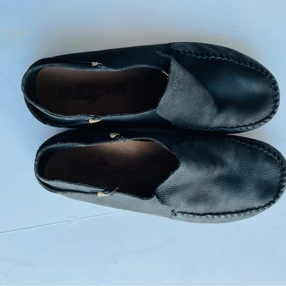 OLUKAI Men Akahai Leather Loafers US M 8.5 EUR 41.5 Casual Black Slip On Shoes