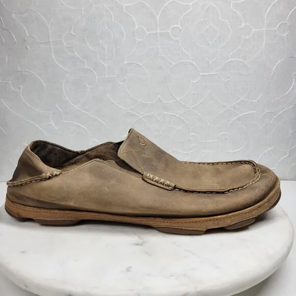 OluKai Moala Shoes Mens 13M Brown Classic Leather Slip On Loafer