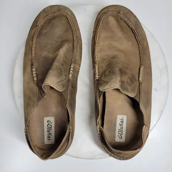OluKai Moala Shoes Mens 13M Brown Classic Leather Slip On Loafer