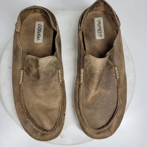 OluKai Moala Shoes Mens 13M Brown Classic Leather Slip On Loafer