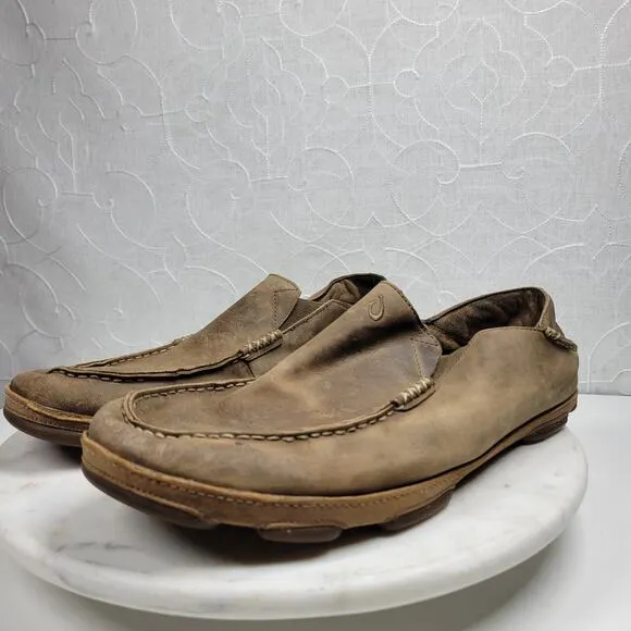 OluKai Moala Shoes Mens 13M Brown Classic Leather Slip On Loafer