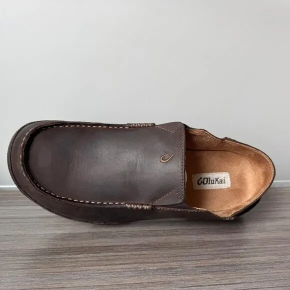 OluKai Moloa Men’s Nubuck Slip On Loafers Shoes Mocs $140 in Dk Wood-Dk Java