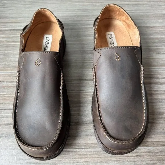 OluKai Moloa Men’s Nubuck Slip On Loafers Shoes Mocs $140 in Dk Wood-Dk Java
