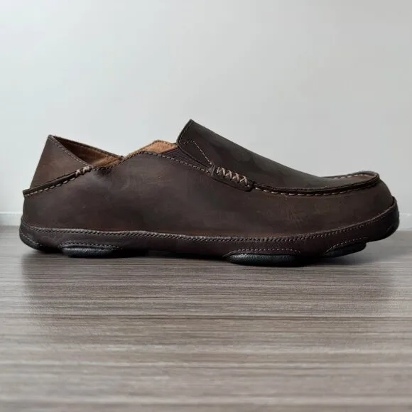 OluKai Moloa Men’s Nubuck Slip On Loafers Shoes Mocs $140 in Dk Wood-Dk Java